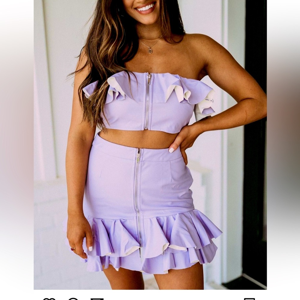 Purple ruffle faux leather two-piece set, sz M, crop top & matching skirt